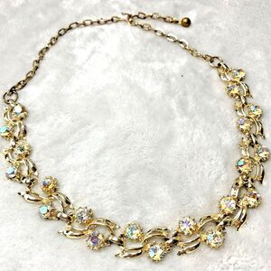 Vintage AB Rhinestone Gold Tone Floral Vine Necklace Mid Century Glam Bridal